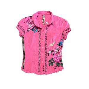 Rare Johnny Was 3J Workshop Romantic Rose Top Sz XS Pink Embroidered Shirt Y2K